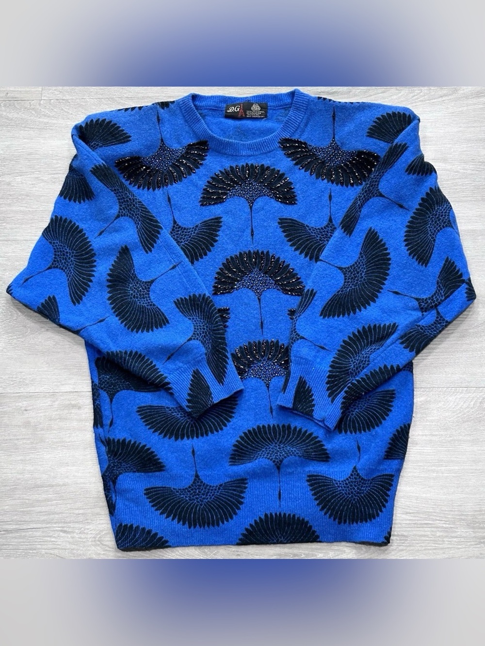 Vintage D.G. Beaded Crane Sweater Blue Angora Lambswool Blend Oversized 90s Boho